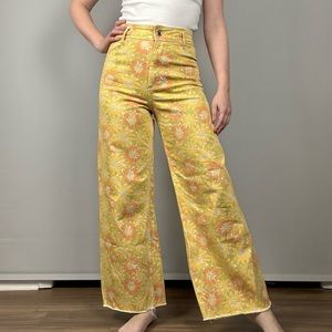 Zara Yellow Floral Raw Hem Jeans, High Rise